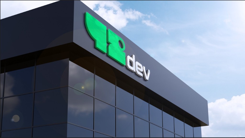 Fachada corporativa com marca 42dev — presença sólida e tecnologia de ponta